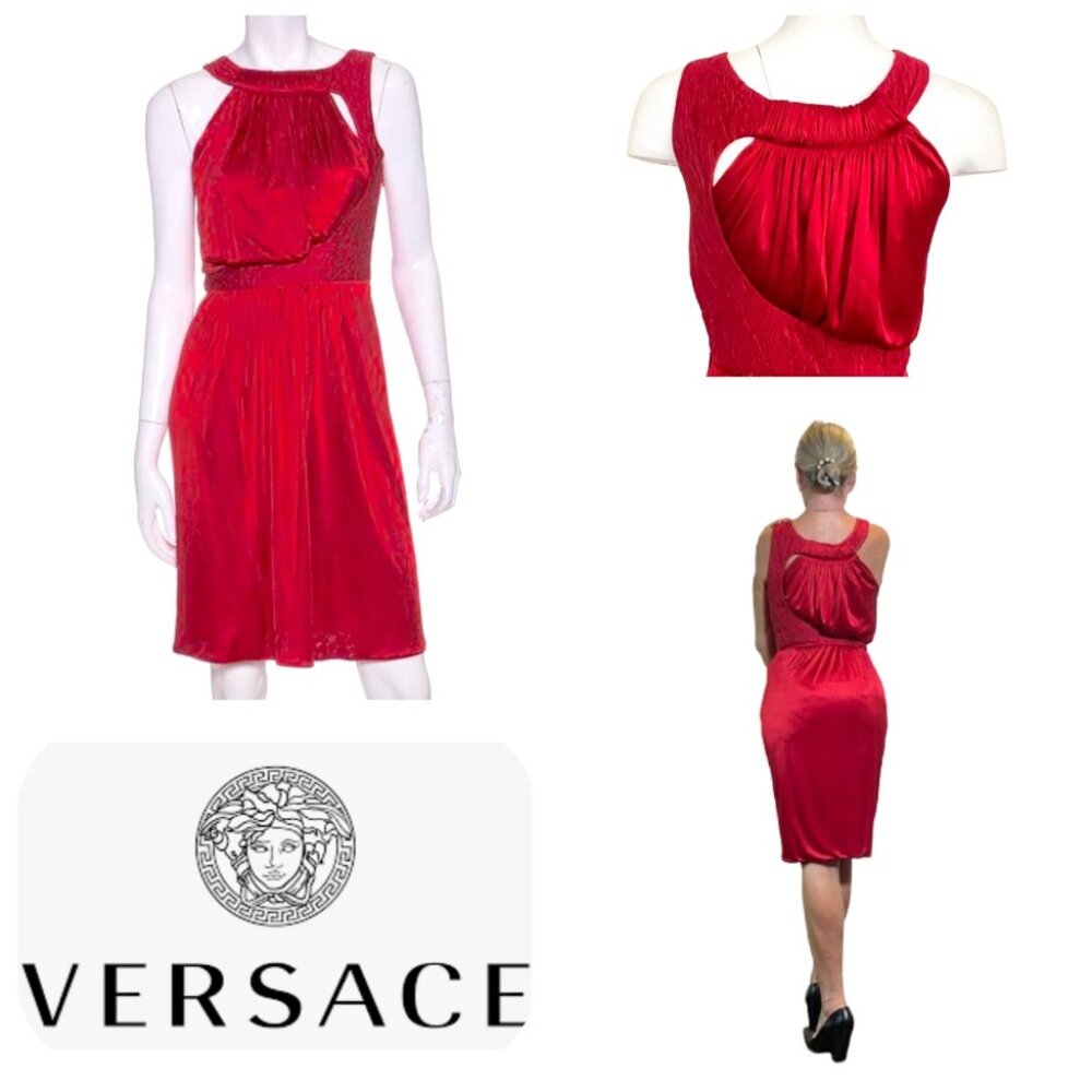 Auc Versace Red Sleeveless Textured Detail Mid-length Cocktail Dress IT 38 - Picture 15 of 17